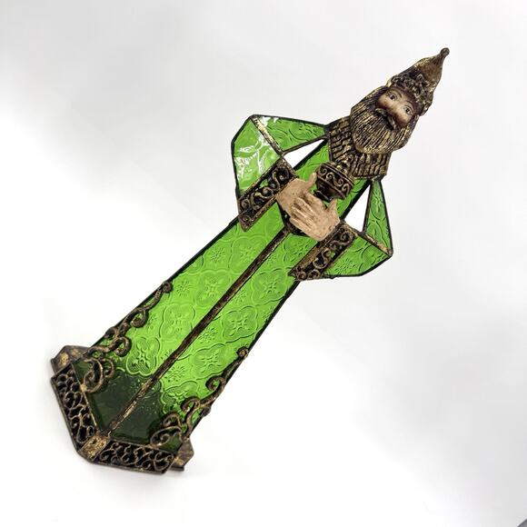 Vtg Wise Men Gold Metal Tin Green Textured Glass Candle Holder/Luminary 15”H - Picture 1 of 11